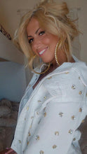 Load image into Gallery viewer, “Watch me shine” Crystal Evil Eye White Denim Jacket"