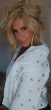 Load image into Gallery viewer, “Watch me shine” Crystal Evil Eye White Denim Jacket"