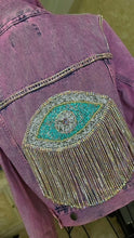 Load image into Gallery viewer, "Nobody's Business Crystal Evil Eye Denim Jacket"