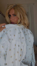 Load image into Gallery viewer, “Watch me shine” Crystal Evil Eye White Denim Jacket&quot;
