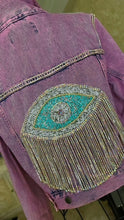 Load image into Gallery viewer, &quot;Nobody&#39;s Business Crystal Evil Eye Denim Jacket&quot;
